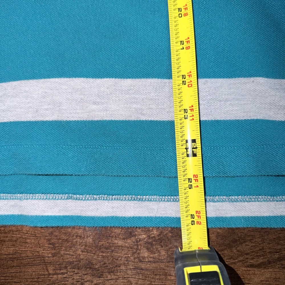 Lacoste Mens Teal Grey Striped Big Logo Pique Polo Shirt Size 5 Large Rare - Picture 6 of 6